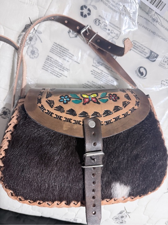 Leather Gallery Handbags - Handcrafted Brown & Black Haircalf Crossbody with Floral Embroidery